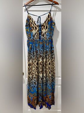 NWT GIFFNISETI Blue Leopard Print Maxi Dress size L